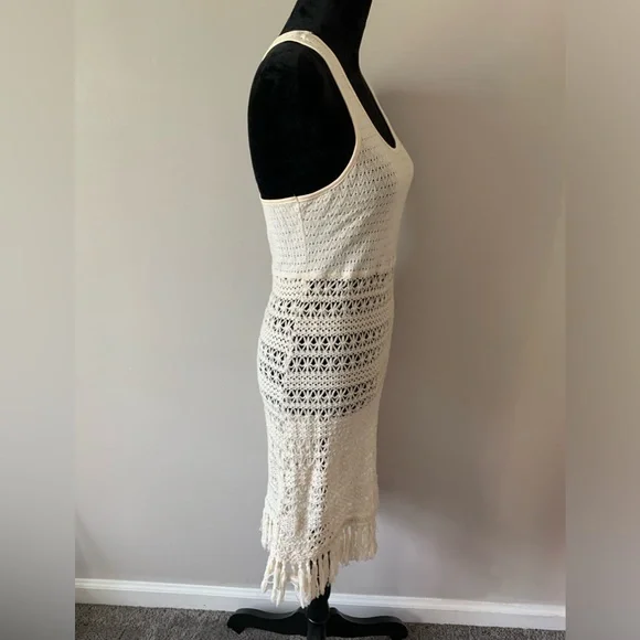 Solitaire Swim Crochet Fringed Cream Cotton Swim Coverup - Picture 5 of 14